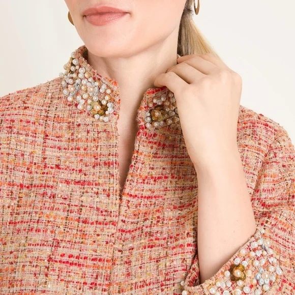 NWT Chico's Tweed Orange Boucle Pearl Sequin Collar Jacket Size 3 US Size L